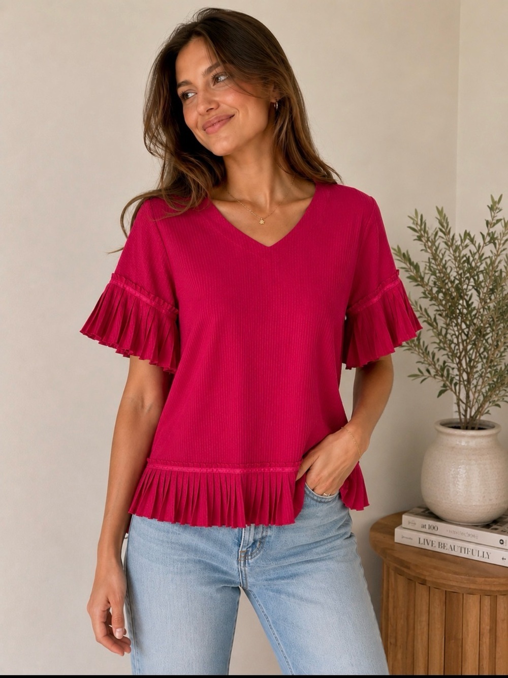 Kate and Mallory Women S‎ Pink Ruffle Sleeve Top pleats